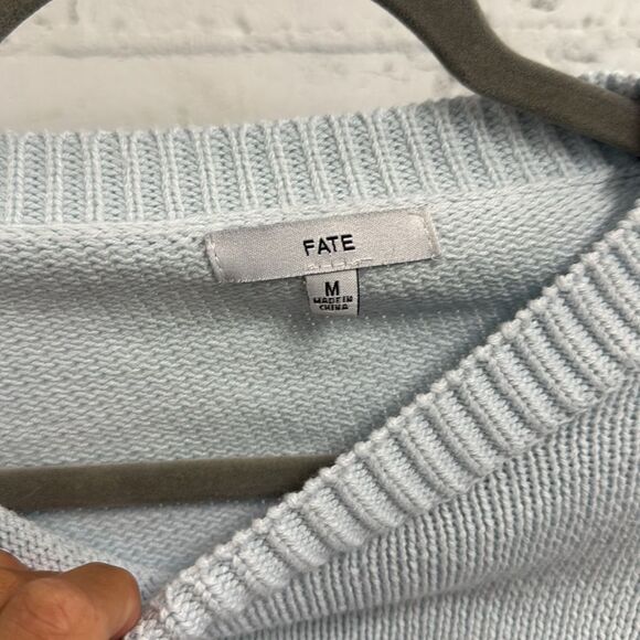 Light Blue Sweater with Crochet Sleeves - Long Sleeve FATE Sweater Size Medium - Picture 3 of 4